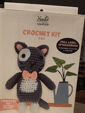 Crochet Kit Cat - Charcoal Gray with Pink Accent